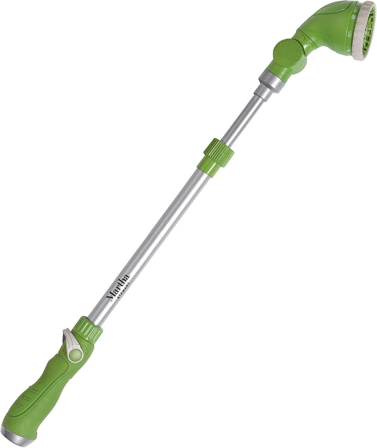 Full view of the Martha Stewart MTS-TSW31 telescoping watering wand, showing its green handle, silver pole, and green multi-pattern spray head.