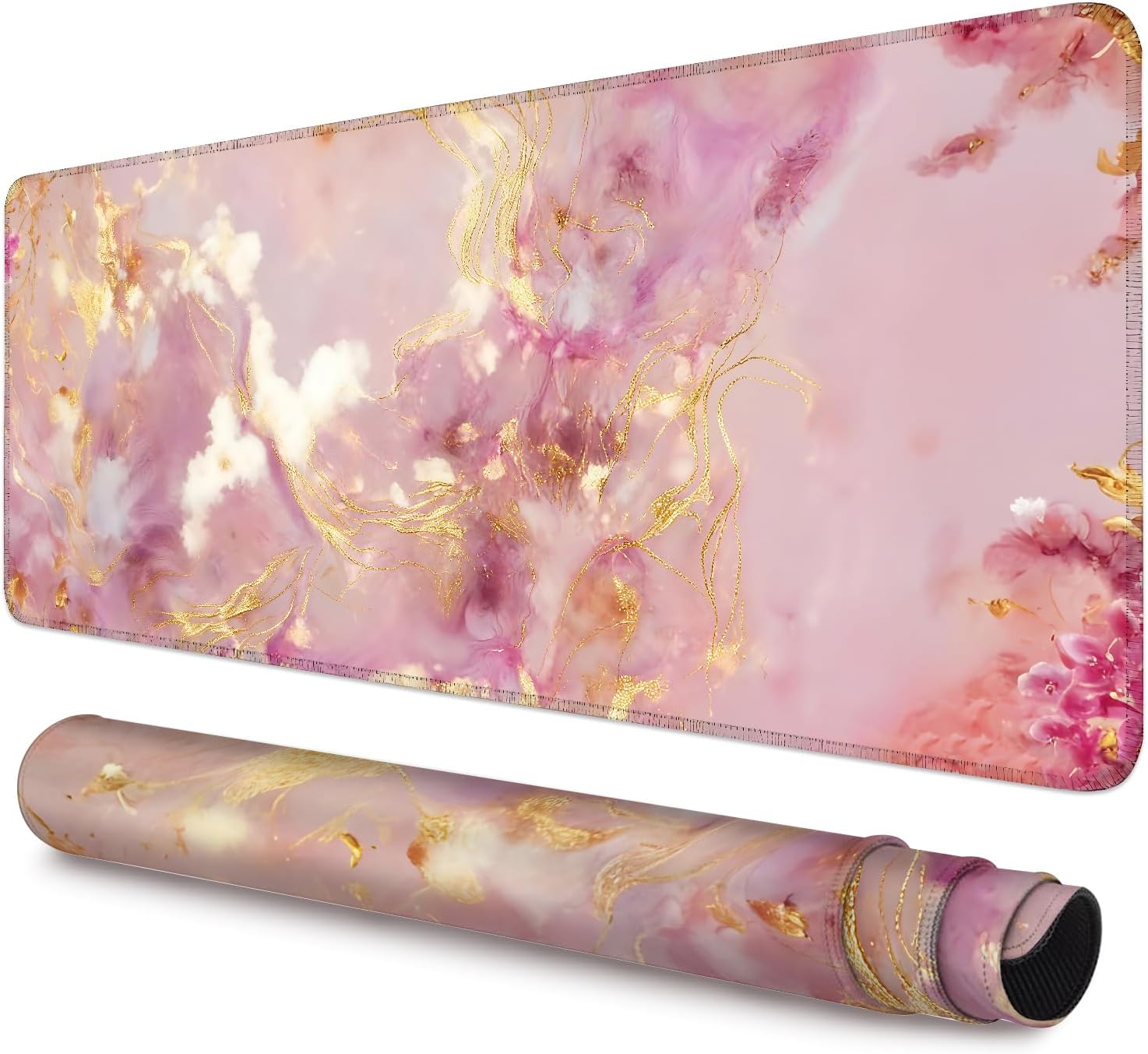 Pink & Gold Marble Extended Gaming Mouse Pad,35.4 x 15.7 Inch Large Mousepad with Stitched Edges,Water-Resistant Desk Mat with Non-Slip Rubber Base for Gaming,Office,Home Office