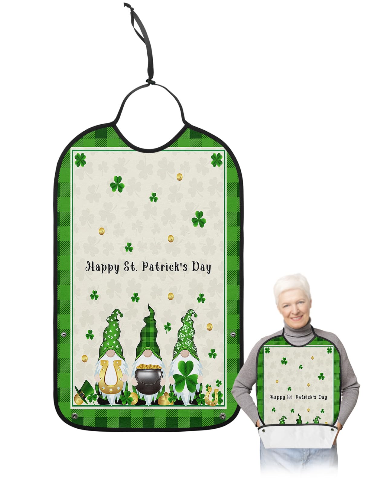 St. Patrick's Day Adult Bibs for Eating, Waterproof Bibs with Food Catcher & Adjustable Snap Closure, Green Black Checkered Board Gnomes Lucky Clover Gold Clothing Protectors Adult Bibs for Elderly