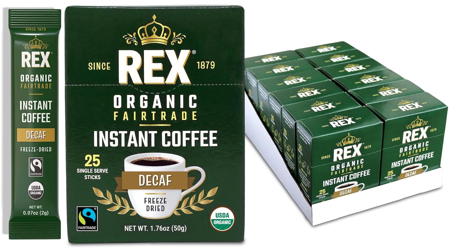 Rex Coffee Organic Fairtrade Natural Decaf Freeze-Dried Instant Sticks – Naturally Decaffeinated Arabica, 300 Single-Serve Packs – Lab Tested for Mold, Mycotoxins, Heavy Metals, & Acrylamide