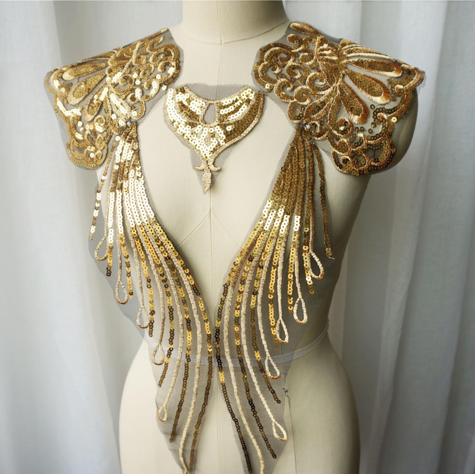 1 Set Embroidery Lace Applique Gold Sequin Flower Wedding Noble Gown Sewing Black Tulle Fabric Bridal Dress Decor Crafts