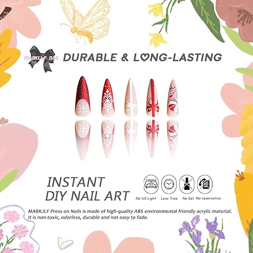 Miniatura 2 de Uñas postizas a presión de Navidad, uñas postizas largas con punta francesa roja estilo Stiletto MABKJLF con diseños de purpurina, copo de nieve,