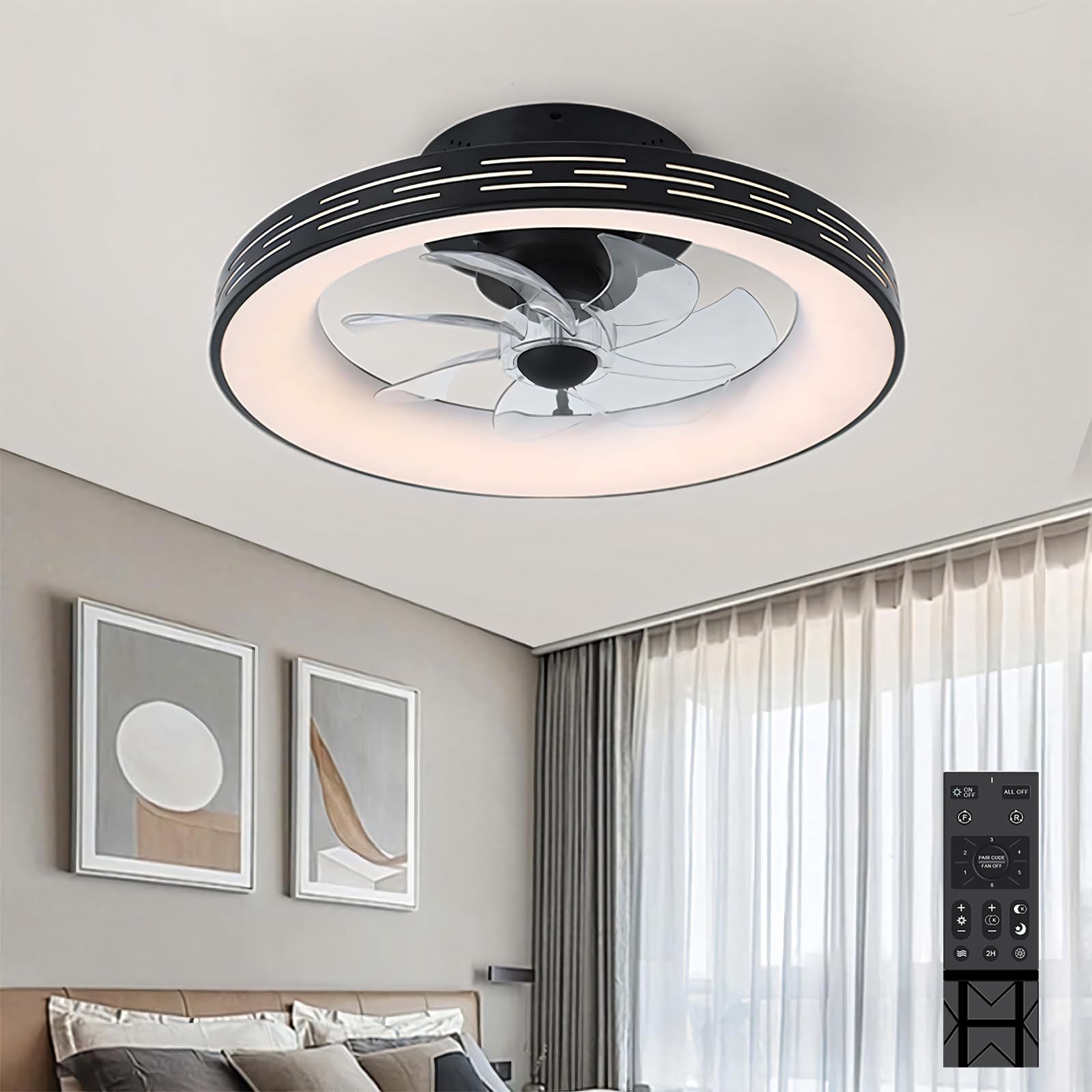 Sypialnia 18" Lampa Sufitowa Z Pilotem Wentylatora Ciche Wentylatory Sufitowe LED Ze Ściemniaczem Światła Odwracalna Nowoczesna Czarna Lampa Z Wentylatorem Smart 6 Biegów Do Salonu