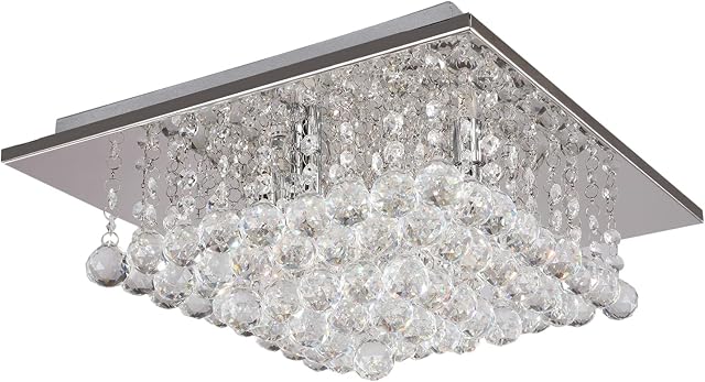 A1A9 Crystal Chandelier Lights, Modern Square Glass Droplet Ceiling Light Pendant Lamp, Flush Mount LED Chandeliers Fixture for Dining Room, Bedroom, Livingroom, Office, Size: L38cm W38cm H23cm