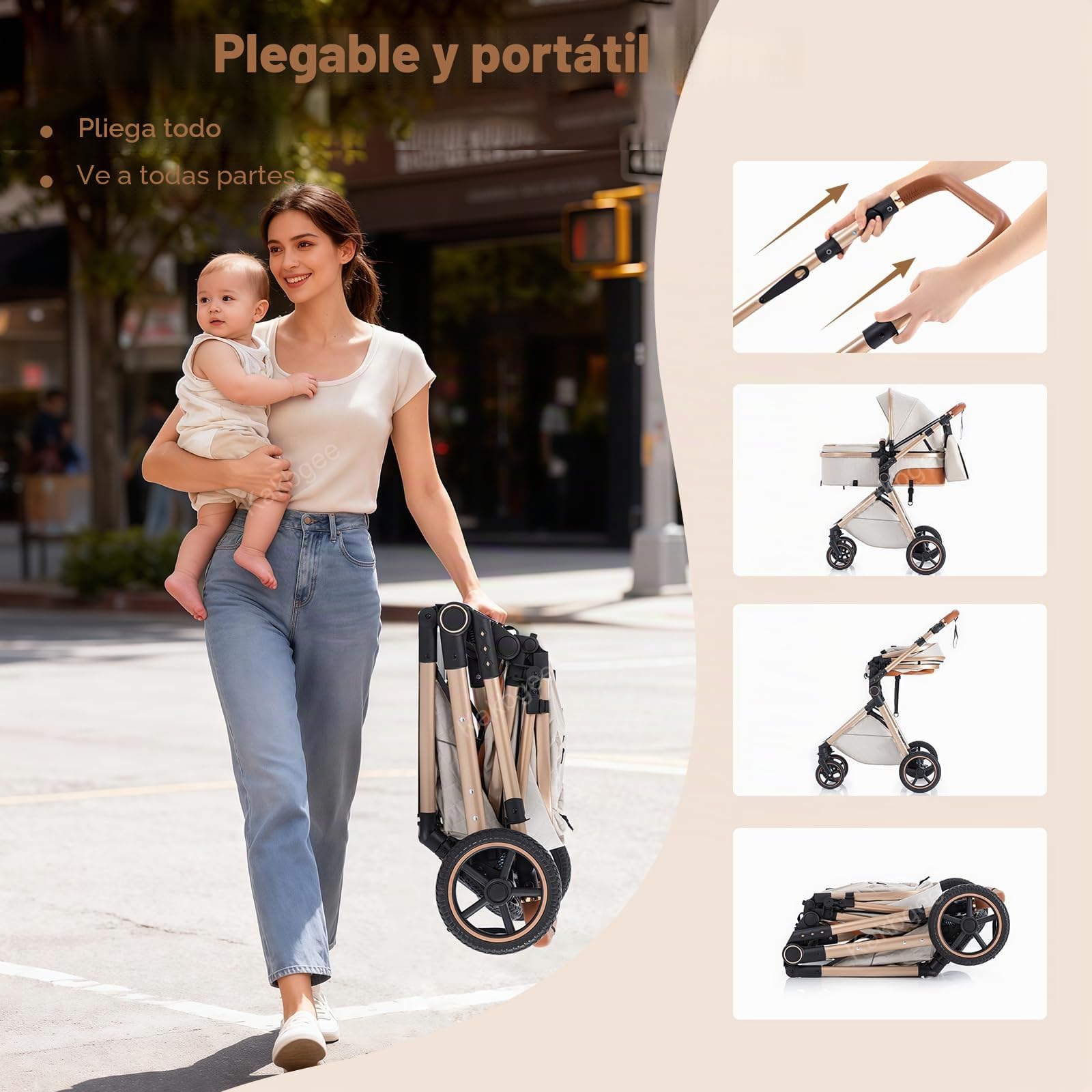 Cochecito 3 en 1 con Silla de Coche, Carrito bebé Plegable, Manillar 7 Alturas, Suspensión 4 Ruedas, Funda de Lluvia y Mosquitera, Sistema de Viaje para Recién Nacidos 0-3 Años (15kg), Beige
