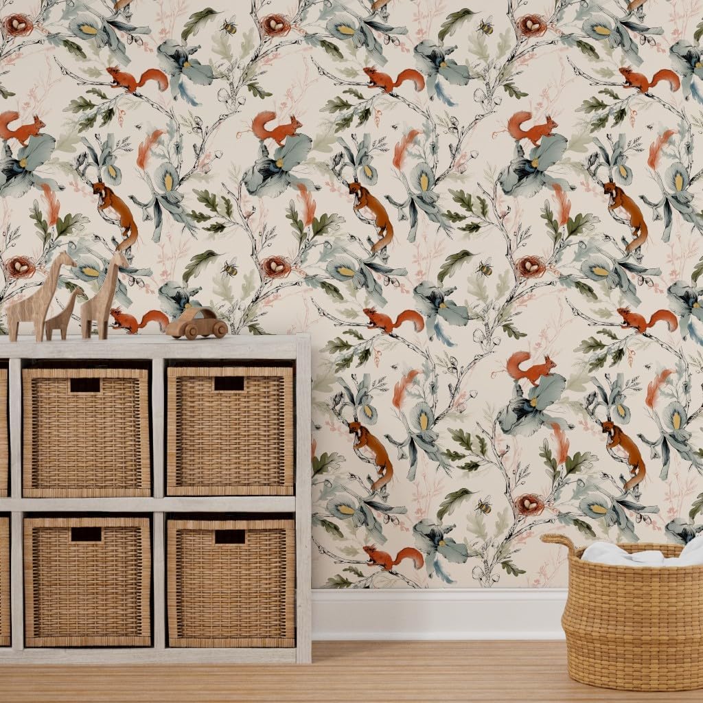 Peel & Stick Wallpaper 3ft x 2ft - Woods Squirrel Branch Mushroom Bee English Garden Forest Rustic Cabin Watercolor Botanical Custom Removable Wallpaper by Spoonflower
