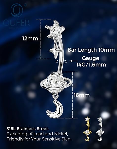 OUFER Body Piercing de Corps Barres de Ventre : 1 Pièce Barre Banane Anneau Navel en Acier Inoxydable 316L Anneau de Bouton d'Escargot avec Dangle Étoile Lune Bijou de Piercing de Navel - 2