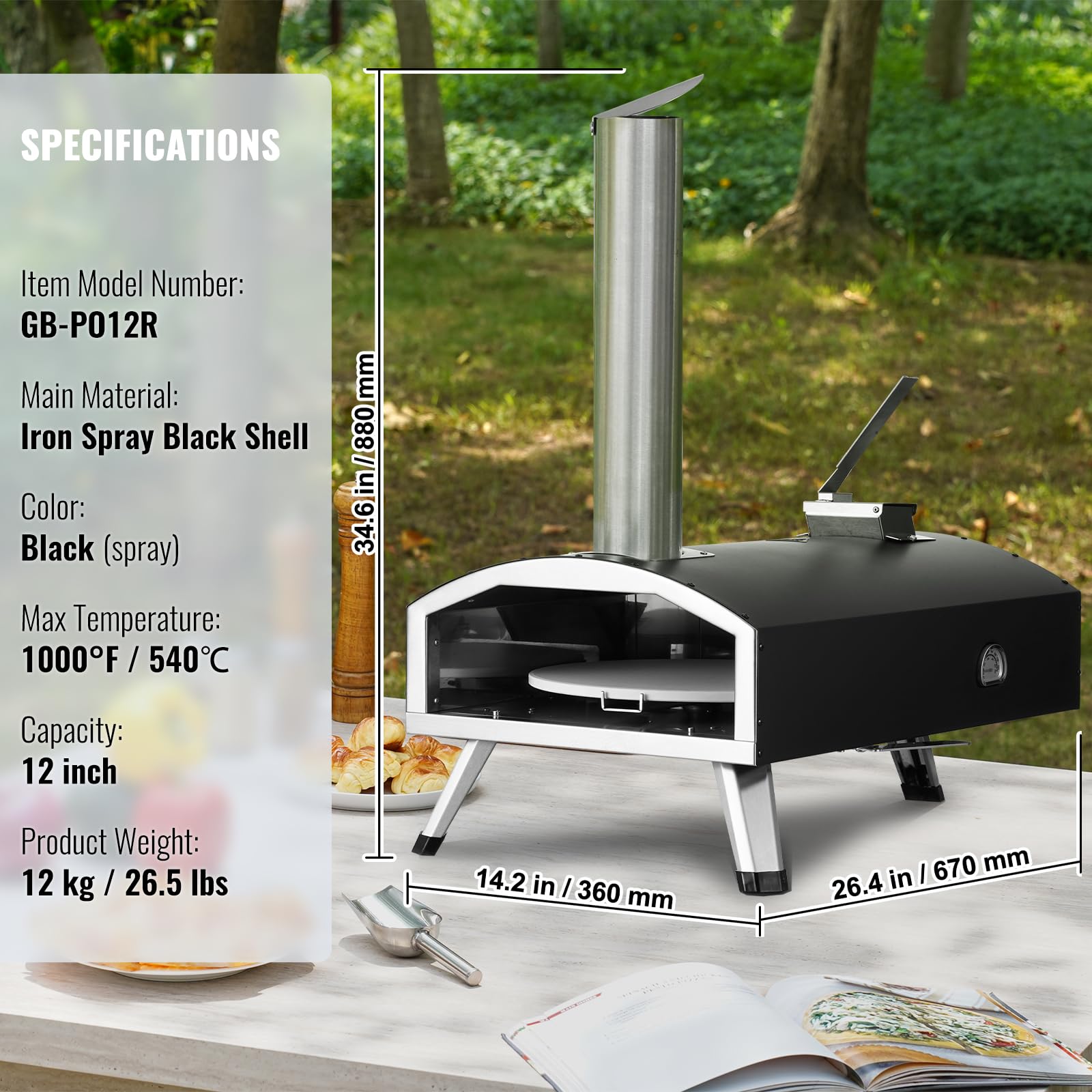 VEVOR Four à Pizza d’Extérieur 12 pouces, Four à Bois Portable Tri-Combustible, avec Pierre Rotative 210° et Pelle, pour Camping Jardin