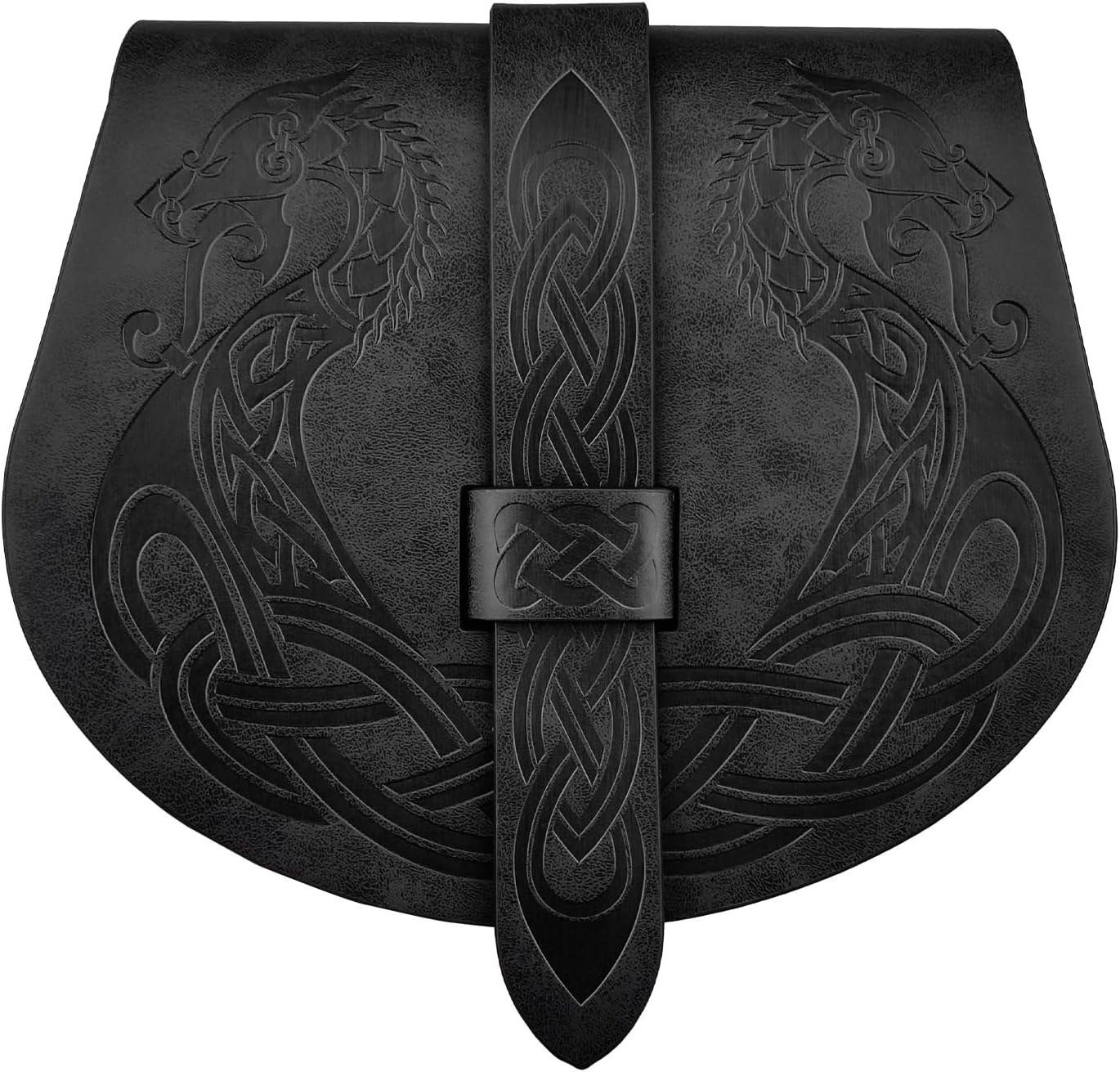 HiiFeuer Viking Embossed Langskip Belt Pouch, Medieval Faux Leather Flap Saddle Side Bag Purses, Retro Portable Belt Bag (Black A) - Image 2