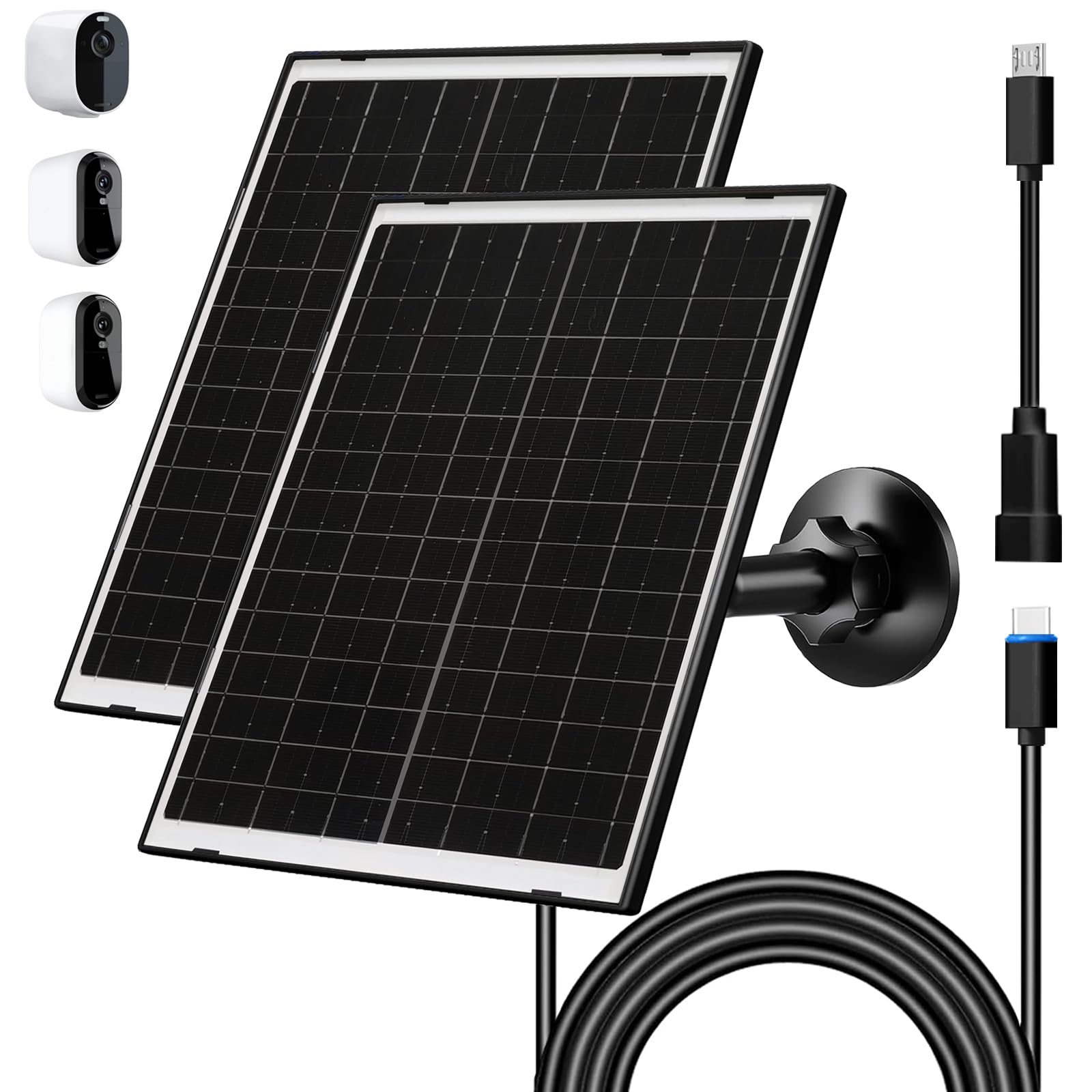 Zivif Caricatore a pannello solare per fotocamere Arlo Essential 2K (2a generazione), Essential XL e Spotlight - USB-C e Micro USB, impermeabile IP66, supporto regolabile a 360°, cavo da 2,2 m