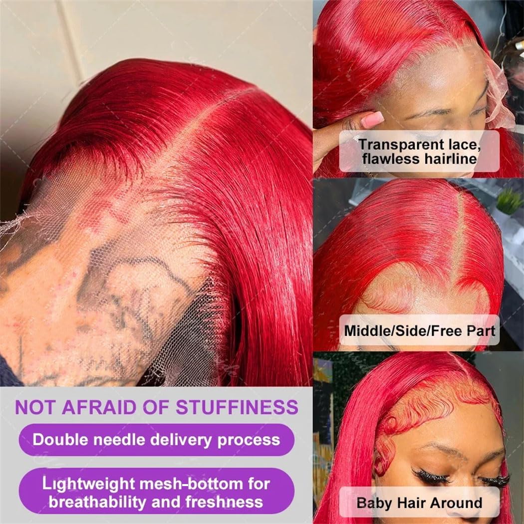 Women's Brazilian Red 13X6 HD Lace Front Wig Straight Human Hair 200% Density 13X4 Transparent Lace Frontal Wig Pre-Plucked With Baby Hair