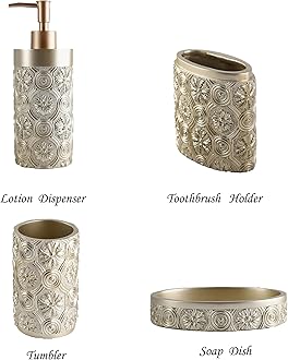 Hymmah Bathroom Accessories Set,Golden Design Toothbrush Holder,Farmhouse Bathroom Decor,4 Pcs Resin Gift Set Apartment Necessities, Contain Toothbrush Cup,Soap Dispenser,Soap Dish,Tumbler