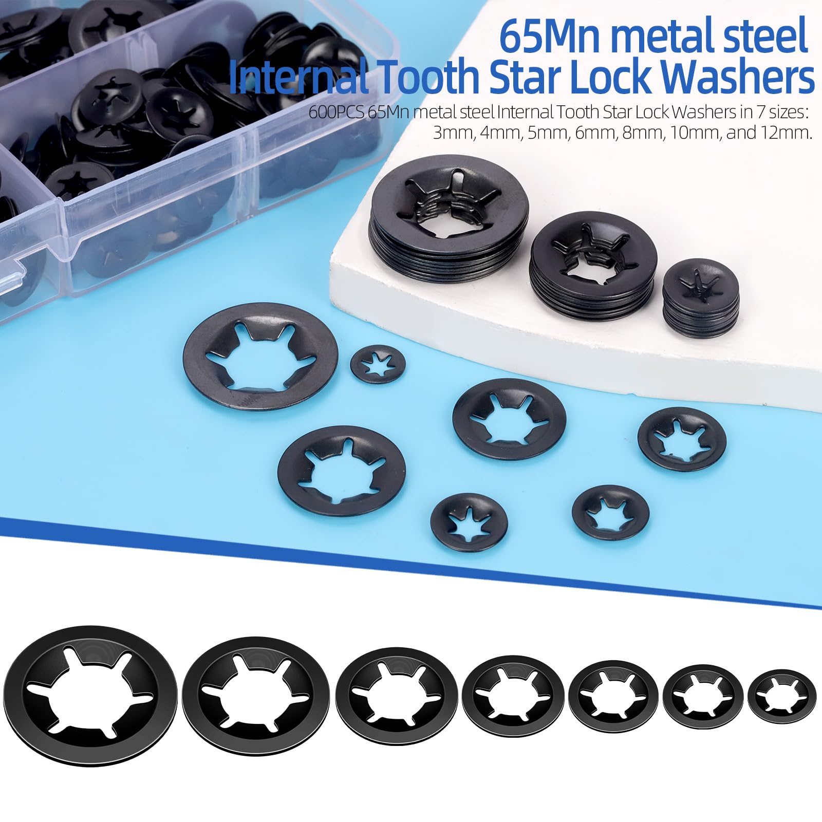 Glarks 600Pcs Metric M3 M4 M5 M6 M8 M10 M12 65Mn Black Big Internal Tooth Star Lock Washers Assortment Kit External Push Rings Quick Speed Locking Washers - Image 4