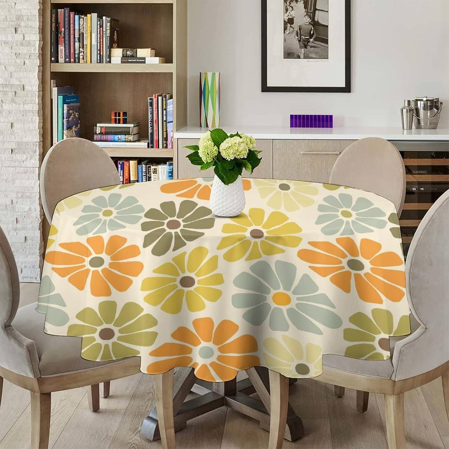 70s Groovy Flowers Round Tablecloth 50 Inch,Retro Hippie Boho Party Decorations Daisy Flower Party Table Cover Seasonal Country Farmhouse Kitchen Dining Room Table Decor 50x50in