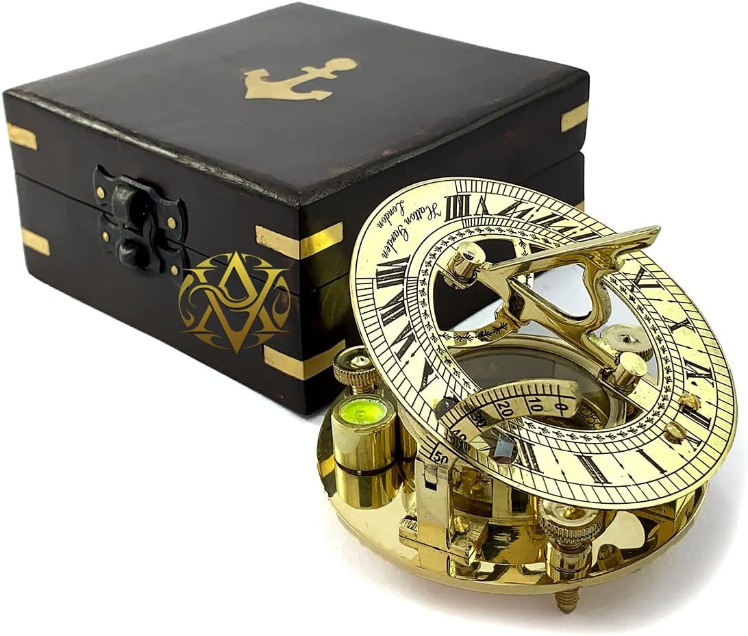 Marine Sailor Boat Gimbals Shiny Brass Binnacle Compass & Nautical Sundial Compass in Wooden Box