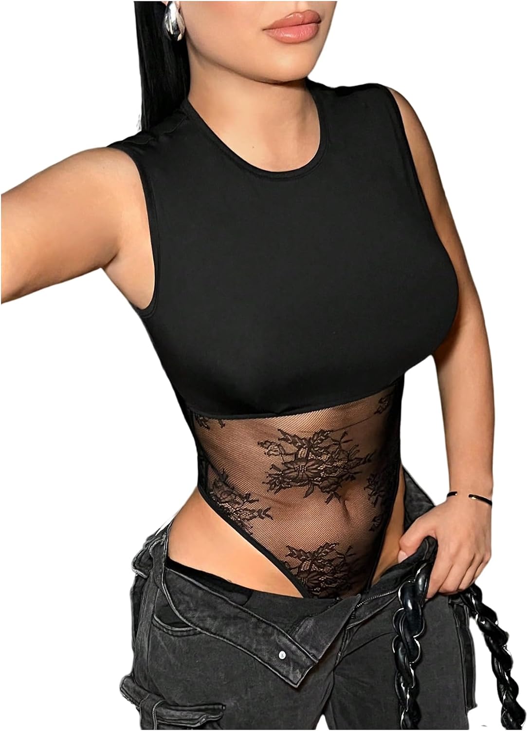 SOLY HUX Women's Lace Sheer Bodysuit Sleeveless Crew Neck Summer Going Out Tank Tops Party Club Outfits
