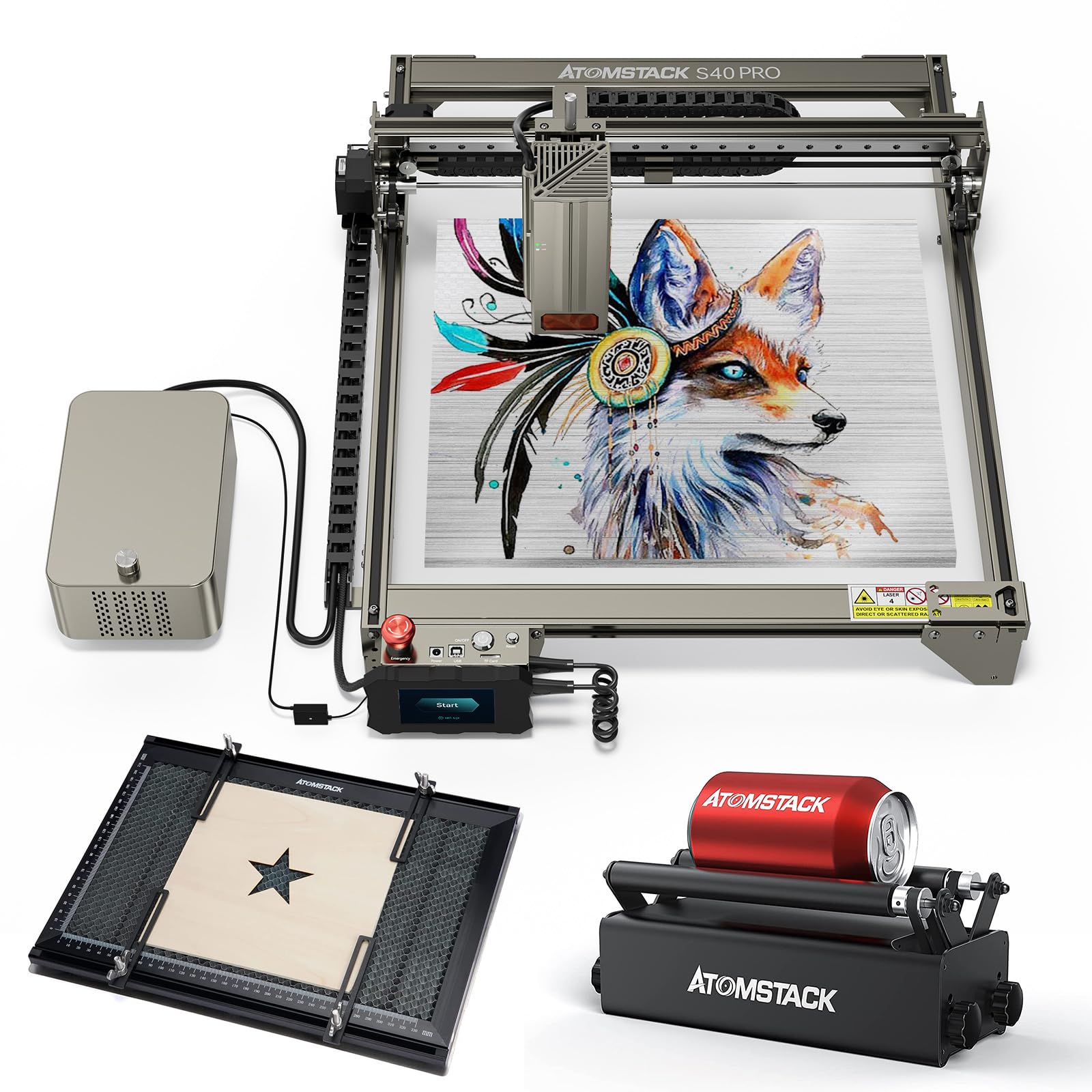 ATOMSTACKS40 Pro Laser Engraving Machine 210W Metal Engraver Cutting Dual Mode 24W/48W Dual Pump Automatic switch Air Assist (S40+Honeycomb board+roller)