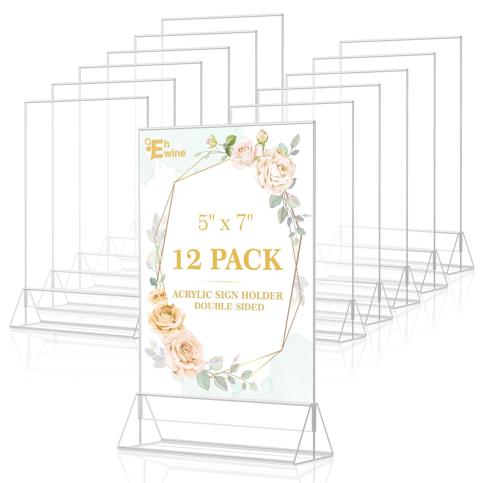 Photo 1 of EHWINE 12 Pack Acrylic Sign Holder 5 x 7, Double Sided Clear Picture Frame Stand up Table Top Sign Holders, Clear Display Stand Menu Flyer Holder for Wedding Party (Provide Non-slip Mats)