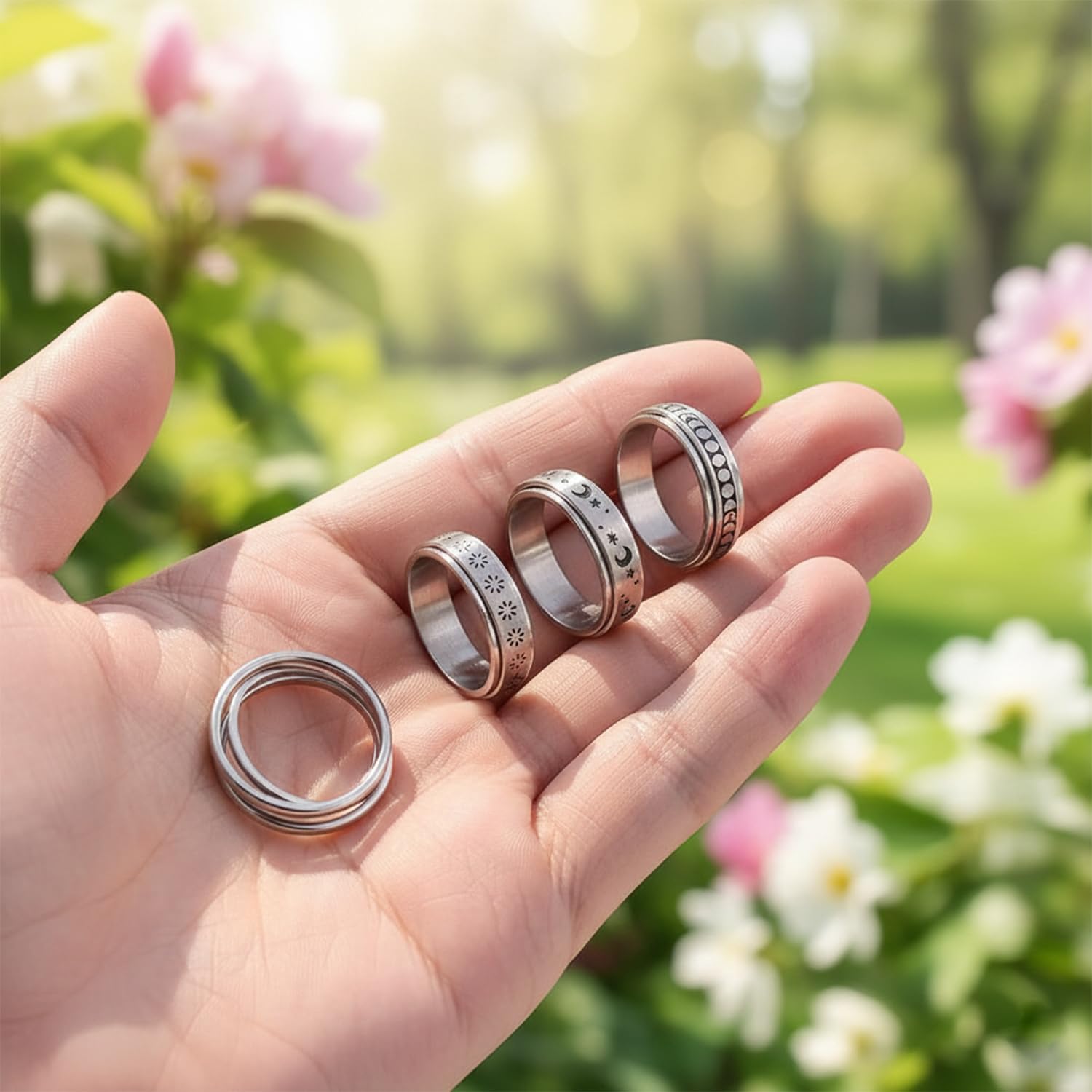 4 Pieces Silver Anxiety Rings for Women Stainless Steel Fidget Anxiety Rings 4 Styles Spinner Rings Moon Star Flower Moon Phase Triple Interlocked Ring for Stress Relieving Spinning Ring