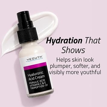 YEOUTH Hyaluronic Acid Cream for Visibly Hydrated, Plumper-Looking Skin | Non Comedogenic Face Moisturizer with Vitamin C, Tripeptide and Ferulic Acid, Night Face Cream for Dry Skin 1oz