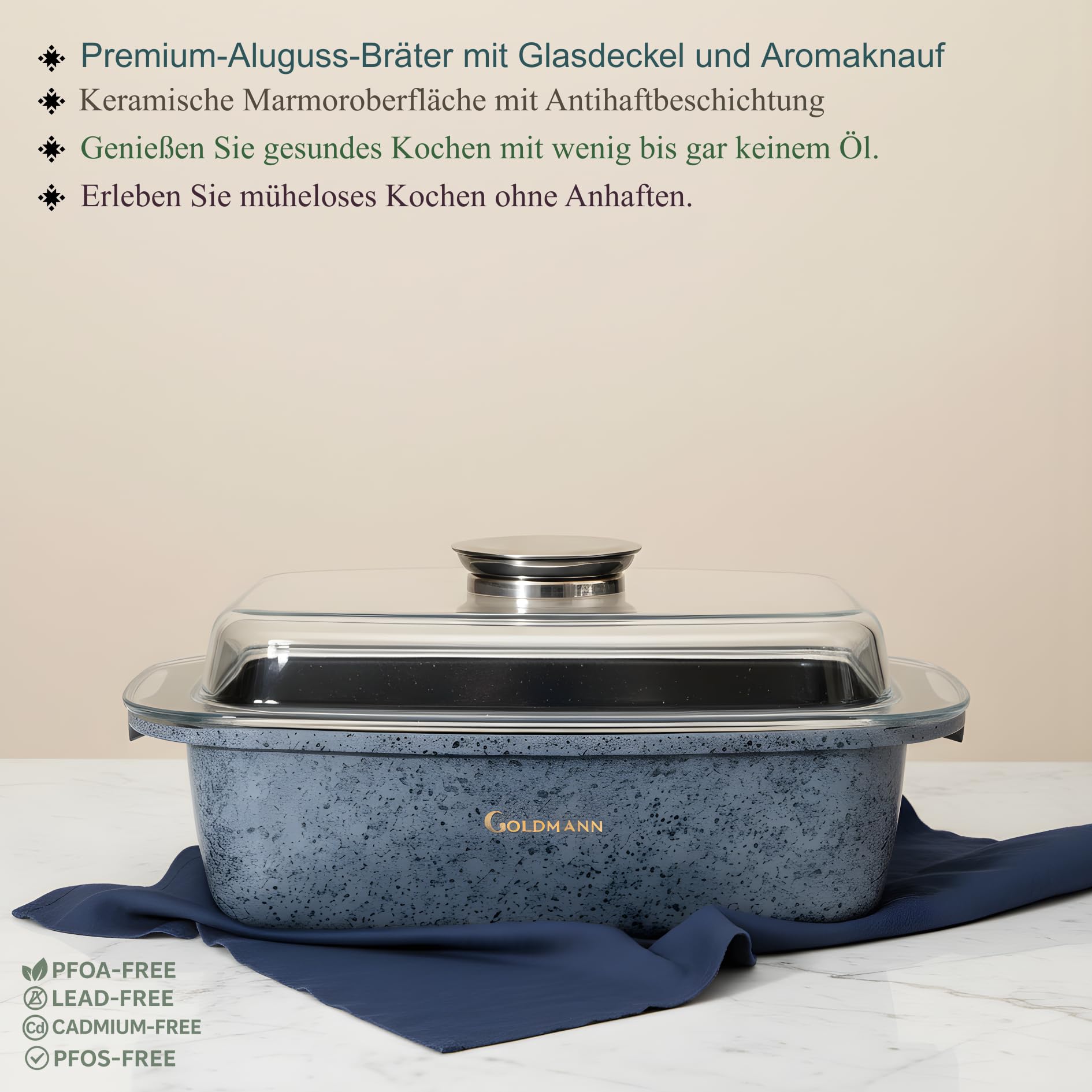 GOLDMANN Bräter rechteckig 32 x 21 x 11 cm (5,5 l) – Aluminiumguss – Antihaftbeschichtung in Marmoroptik – Glasdeckel mit Aromaknopf – Für alle Herdarten geeignet – Ofenfest – PFOA-frei
