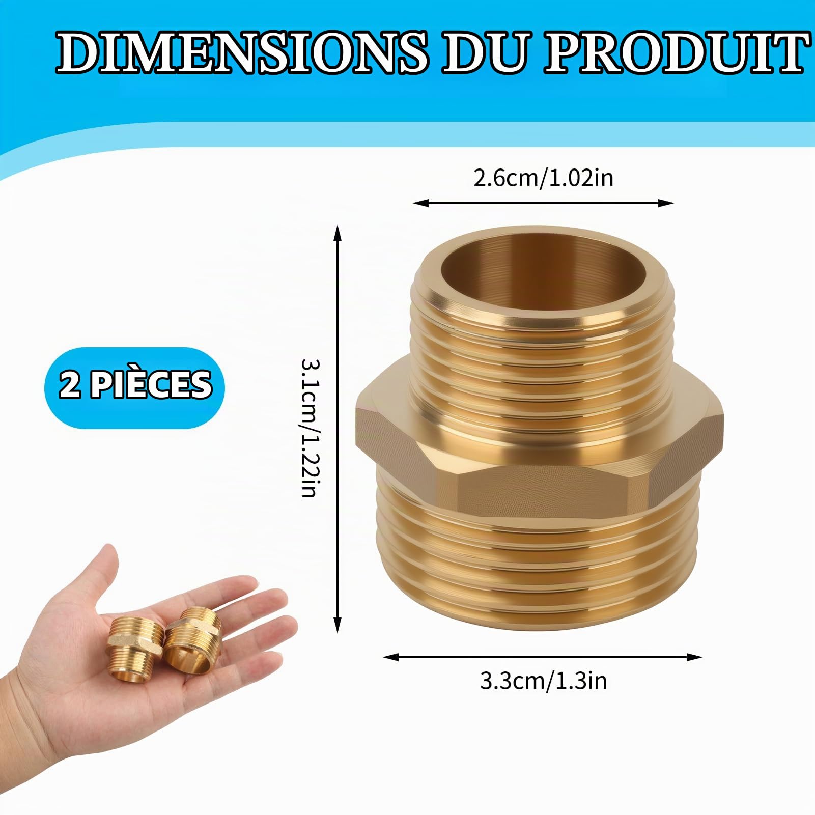 2 PCS de Raccords Réducteurs en Laiton 1 à 3/4, Mamelon Réduit Double Mâle, Raccord Pompe a Eau, Réducteur en Laiton, Raccords Filetés Pour Systèmes de Plomberie et Conduites d’Eau