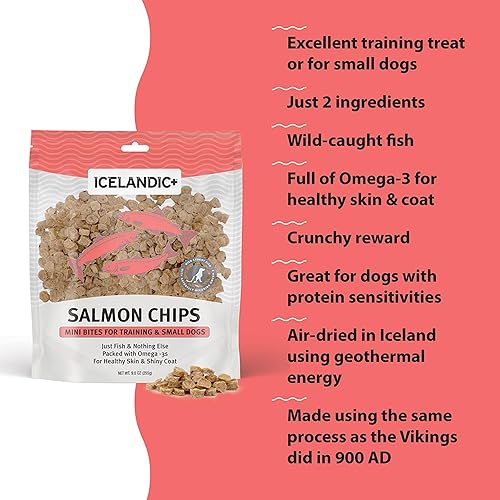 Miniatura 3 de Icelandic+ Mini Fish Chips Salmón 9oz  Golosinas para perros, para entrenamiento y perros pequeños, 2 ingredientes secos al aire crujientes