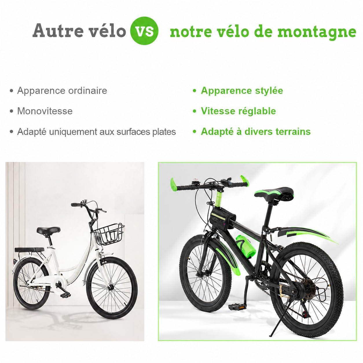 VTT pour enfants garçons et filles, vélo de 20 pouces pour adolescents de 8 à 13 ans, 7 vitesses avec freins à disque avant et frein de stationnement arrière et cadre en acier au carbone, vert