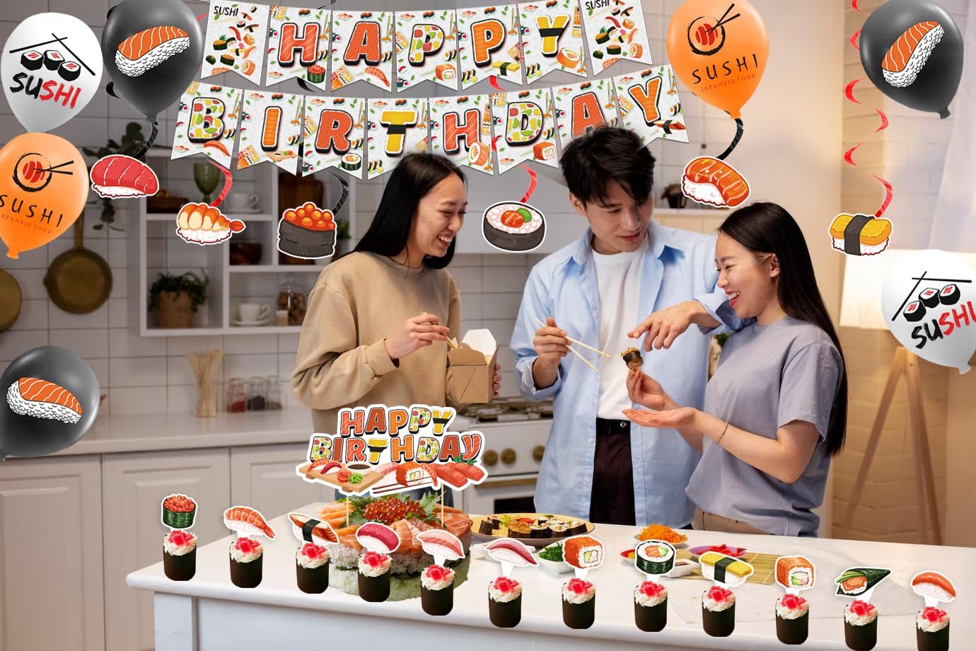 Sushi Party Decorations Japanese Birthday Party Decorations Includes Sushi Happy Birthday Banner Cake Topper Cupcake Toppers Balloons for Sushi Themed Party - Image 7