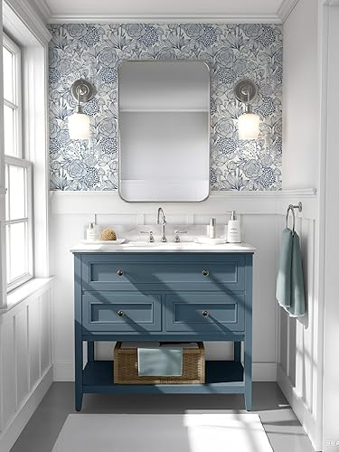 Miniatura 3 de Wudnaye Papel tapiz floral azul marino para despegar y pegar, papel tapiz azul y blanco, 16.9 x 118 pulgadas, papel de contacto con flores, papel de