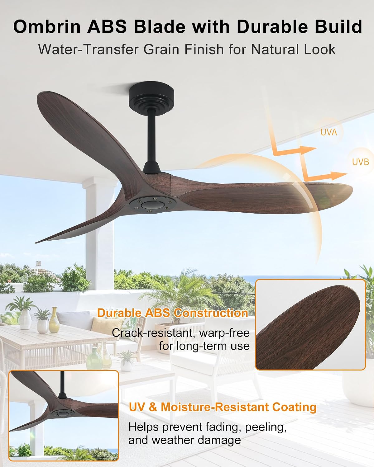 42" Ceiling Fan without Lights – Walnut Finish Outdoor Ceiling Fan with ABS Blades, 3-Blade, Remote & App Control, 6-Speed Adjustable Reversible DC Motor for Patio & Porch image 4
