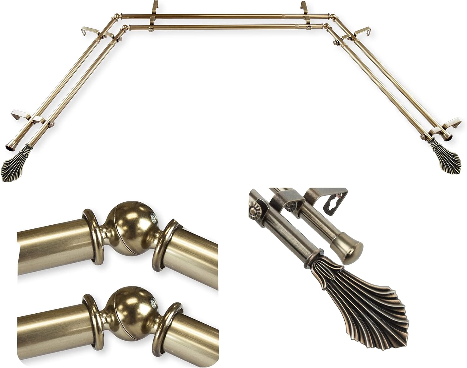 A&F Rod Décor - Esprit 13/16" Bay Window Double Curtain Rod 20"-36", 38"-72" - Antique Brass