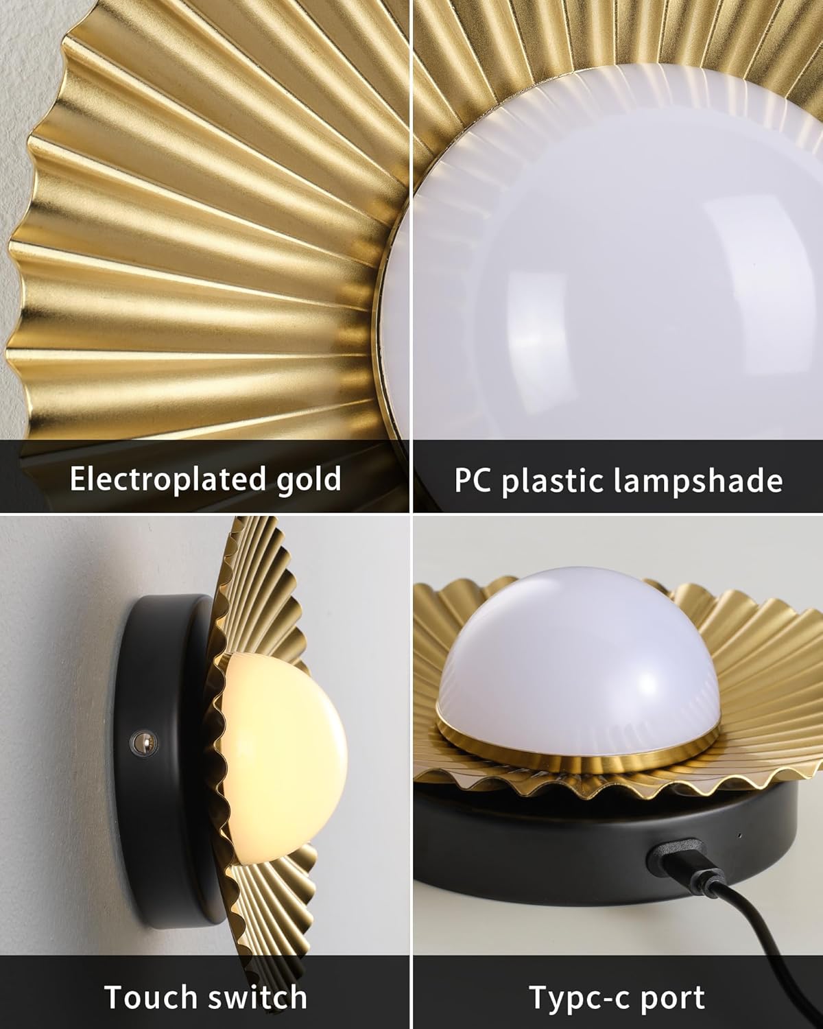 PUSU Cordless Gold Wall Sconces Set of 2, Battery Operated 5200mAh Rechargeable LED Round Pleated Dimmable Small Wall Light Lamps, Lighting for Hallway, Living Room, Bedroom, Home Decor, Night Light