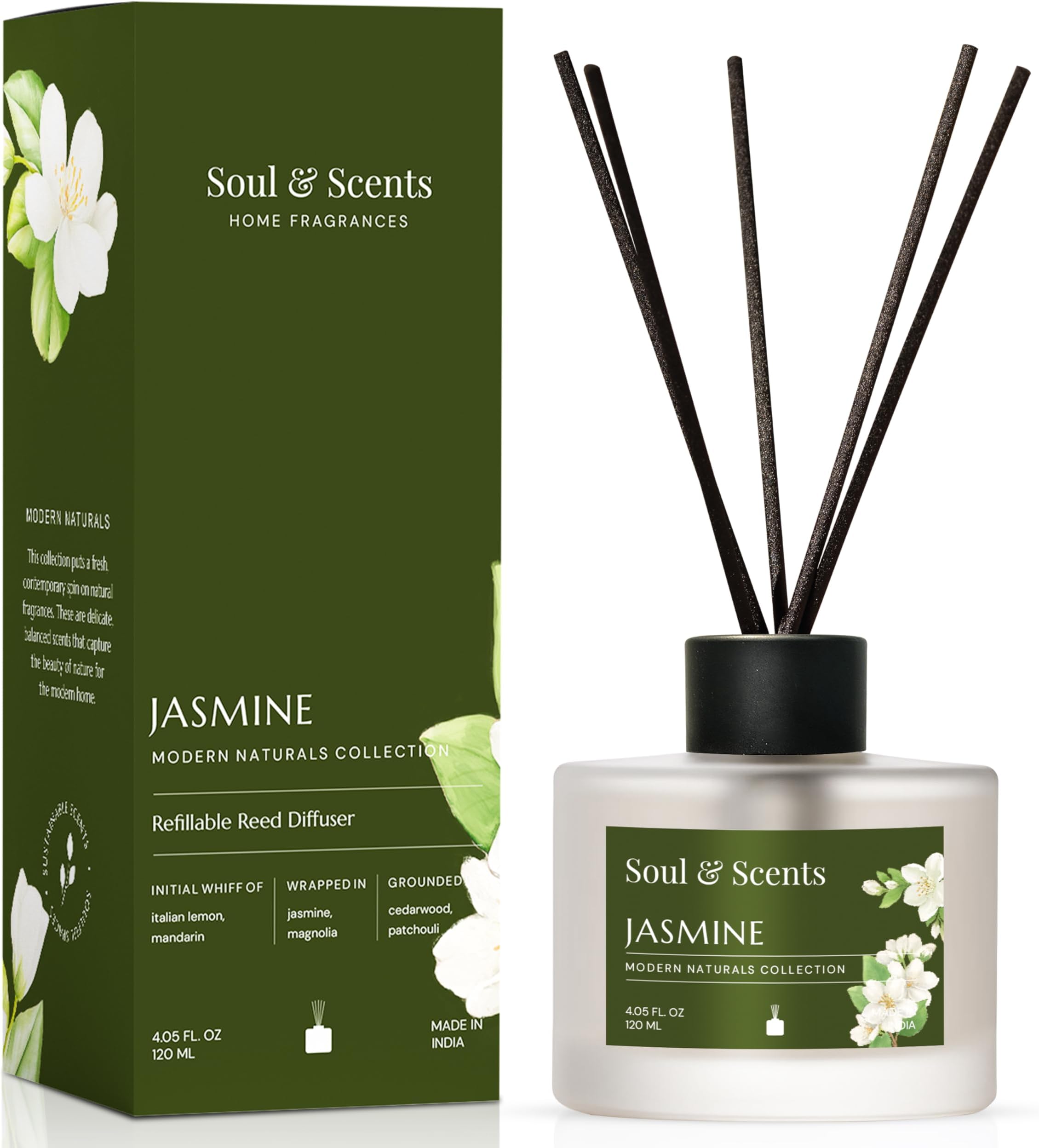 Soul & Scents 120Ml Jasmine Reed Diffuser Set | Free 6 Fiber Reed Sticks |Toxin Free & Stress Relief | Long Lasting | Smoke Less Room Freshener for Home, Bedroom, Living Room & Office