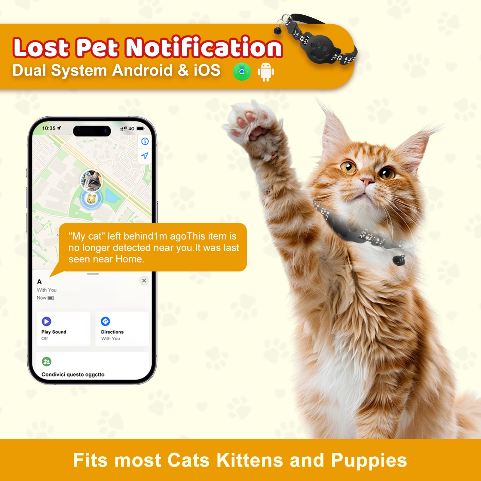 GPS Tracker Katze Halsband Kompatibel mit iOS ＆ Android, Mini GPS Tracker für Katze Hund Arbeite mit App Find Tag, Ohne ABO, Globale Abdeckung Ortungsgerät, Gepäckortung, Wasserdicht