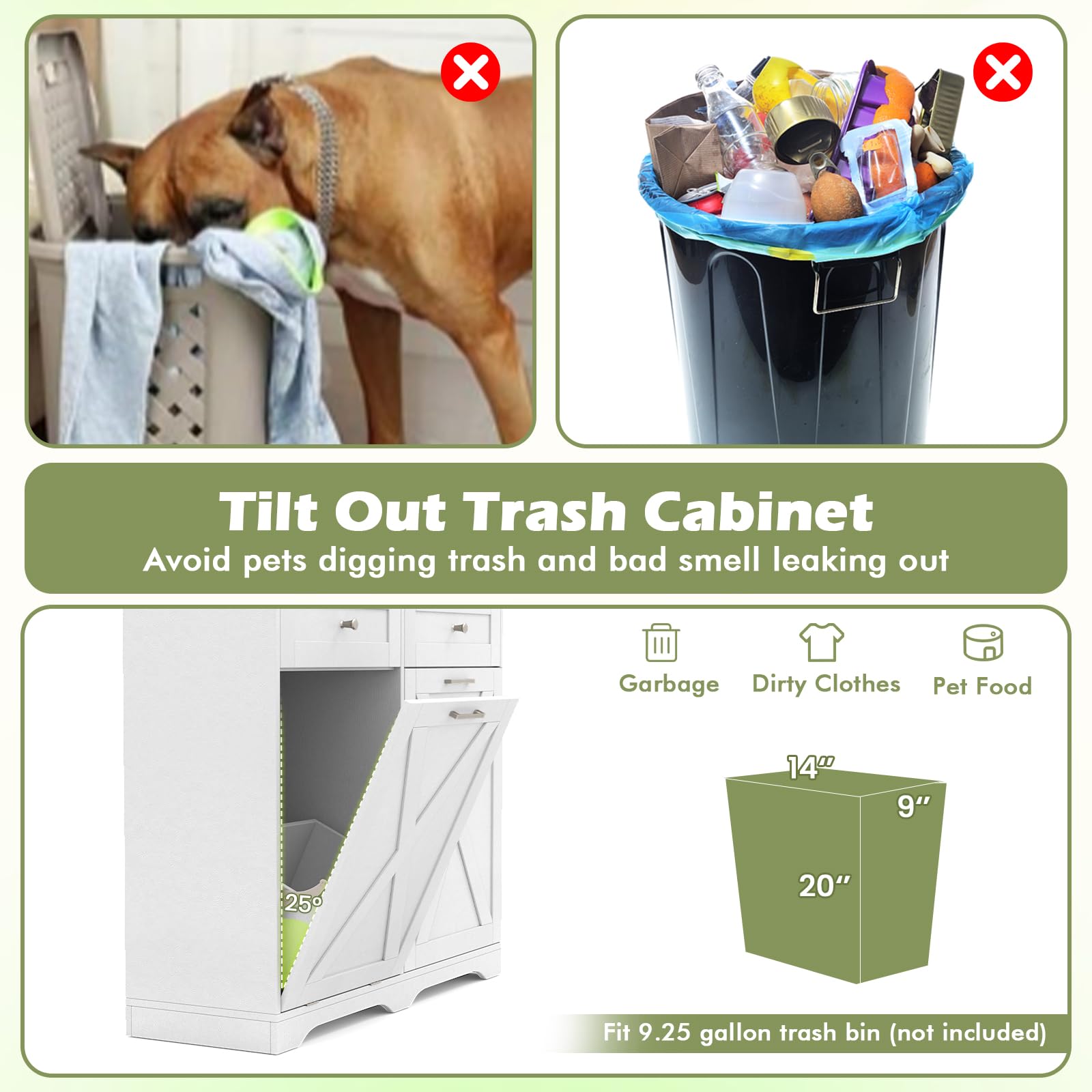 DORTALA Tilt Out Trash Can Cabinet, Farmhouse Wooden Kitchen Island with Hidden Trash Can, 2 Drawers, Power Outlet, Adjustable Shelves, Dog Proof Garbage Bin Cabinet for Kitchen & Laundry Room (White)