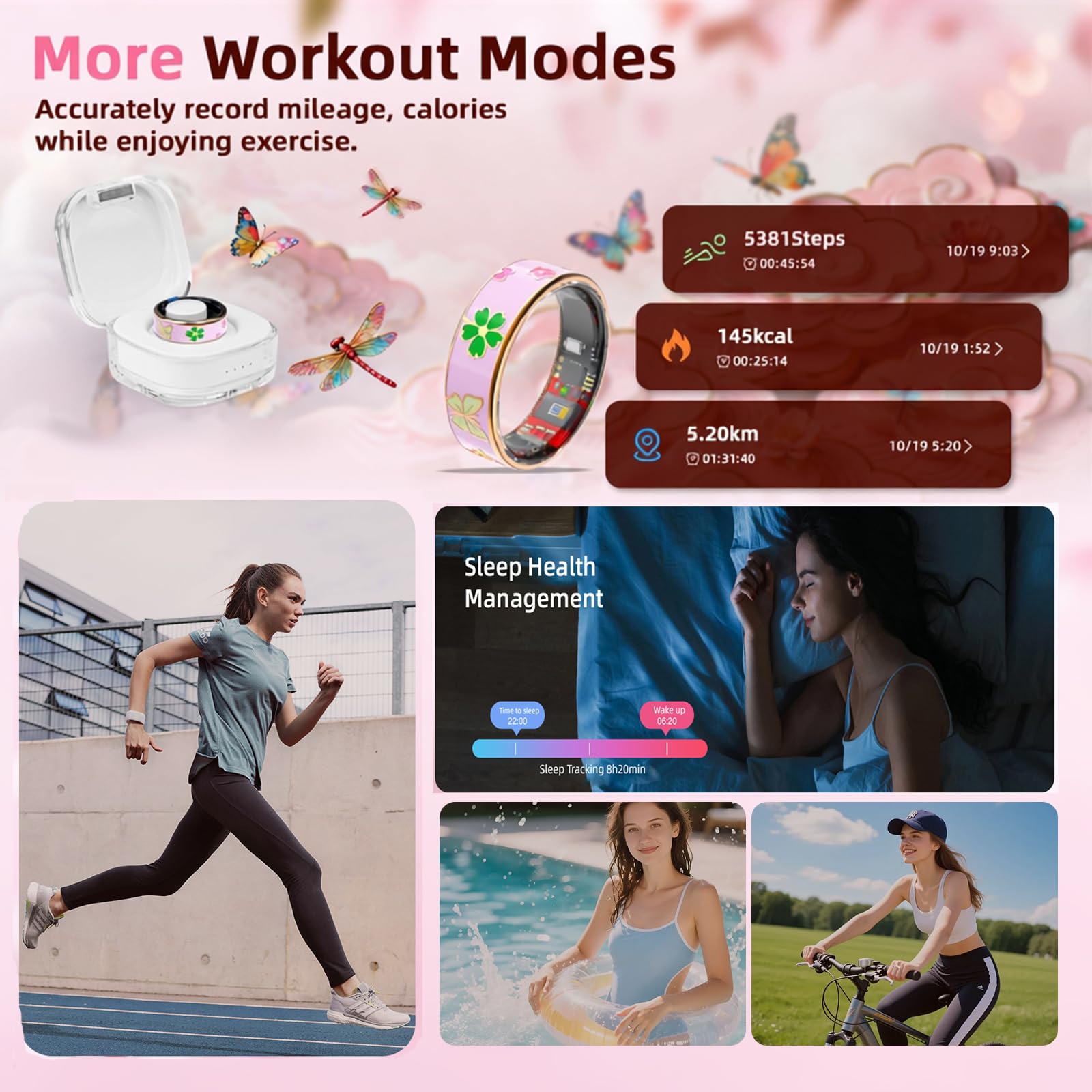 Smart Ring Damen, Fitness Tracker, Gesundheits-Ring für Sleep, Stress, Herzfrequenz, Frauen-Gesundheits, Ring, Ohne ABO, iOS und Android