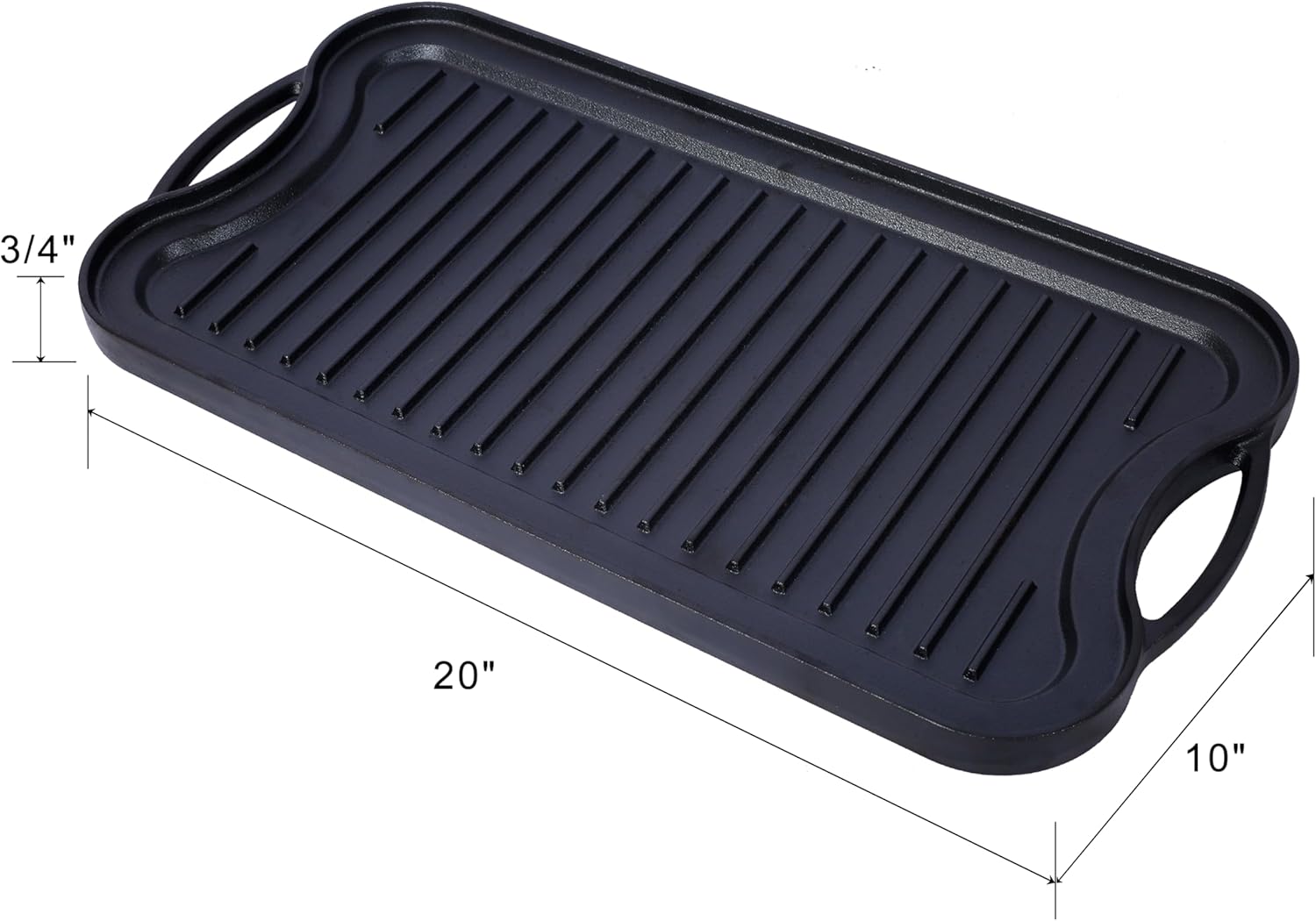 LuckyNote Pre-Seasoned Cast Iron Reversible Rectangular Grill/Griddle, Black,20inch x 10inch reversible design, offering a grilling surface on one side and a griddle on the other