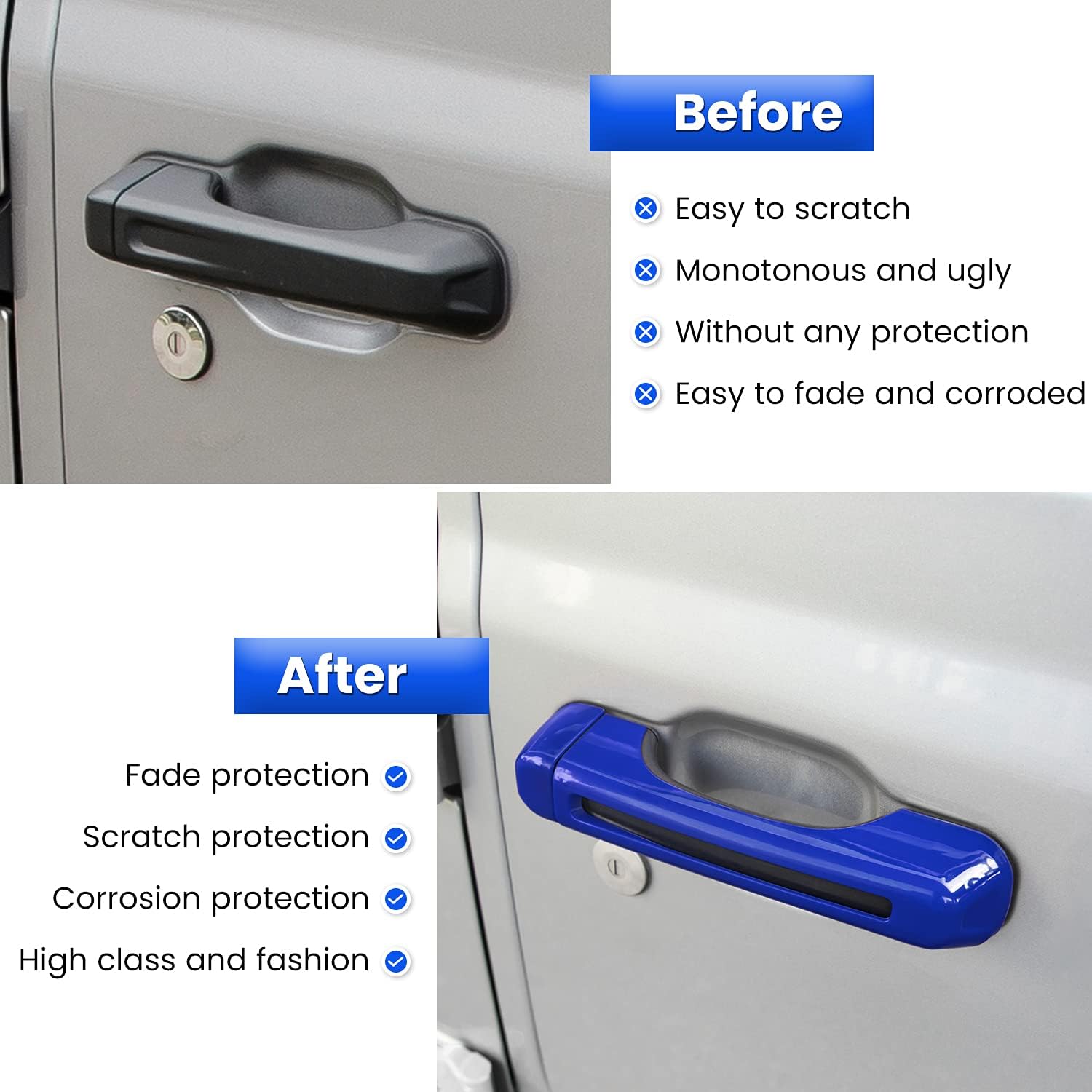 E-cowlboy Door Handle Inserts Cover Trim+Tailgate Handle Cover for 2018-2024 Jeep Wrangler JL JLU Sports Sahara Freedom Rubicon Unlimited Gladiator JT 2-Door & 4-Door Exterior Accessories (Blue 5PCS) image 4