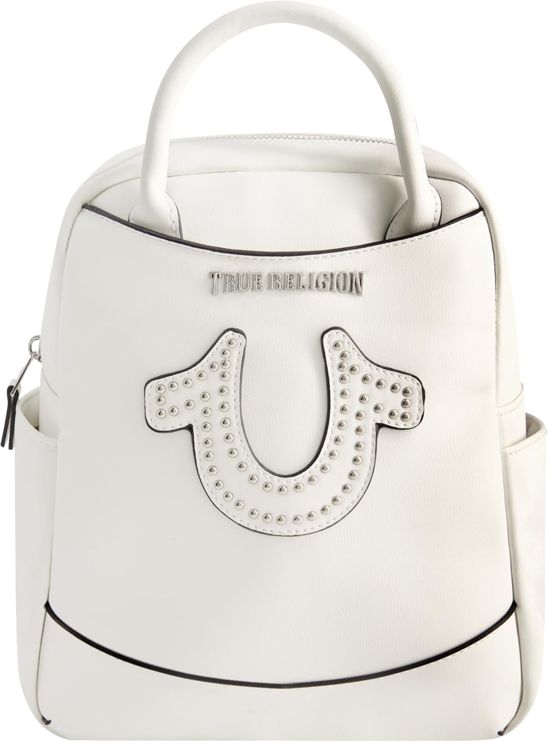 True Religion Mini Backpack, Studded Horseshoe Logo Small Travel Bag Purse for Women, Adjustable Shoulder Straps, White