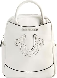 True Religion Mini Backpack, Studded Horseshoe Logo Small Travel Bag Purse for Women, Adjustable Shoulder Straps, White