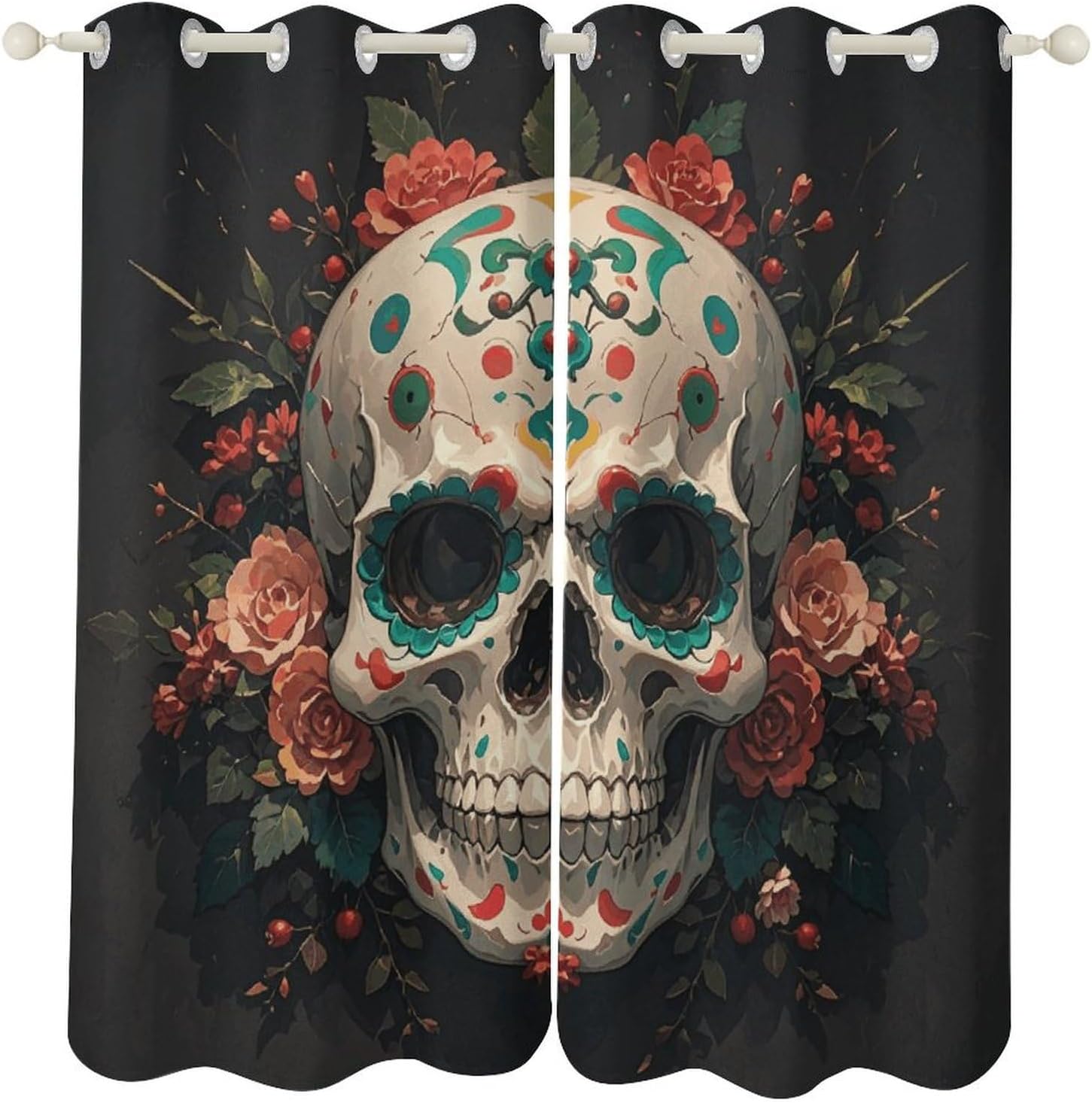 Amazing Skull and Bones Printed Perforated Curtains, Insulated Curtains for Winter, Thermal Drapes are Suitable for Most Windows, Balconies