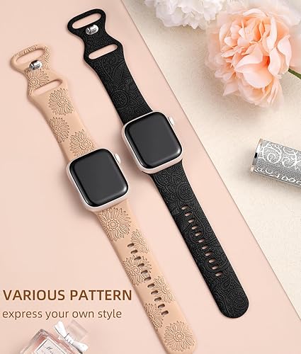 Vista 27 de Odbeai Correa deportiva de silicona suave con grabado floral compatible con Apple Watch de 1.496 pulgadas, 1.575 pulgadas, 1.614 pulgadas, 1.654