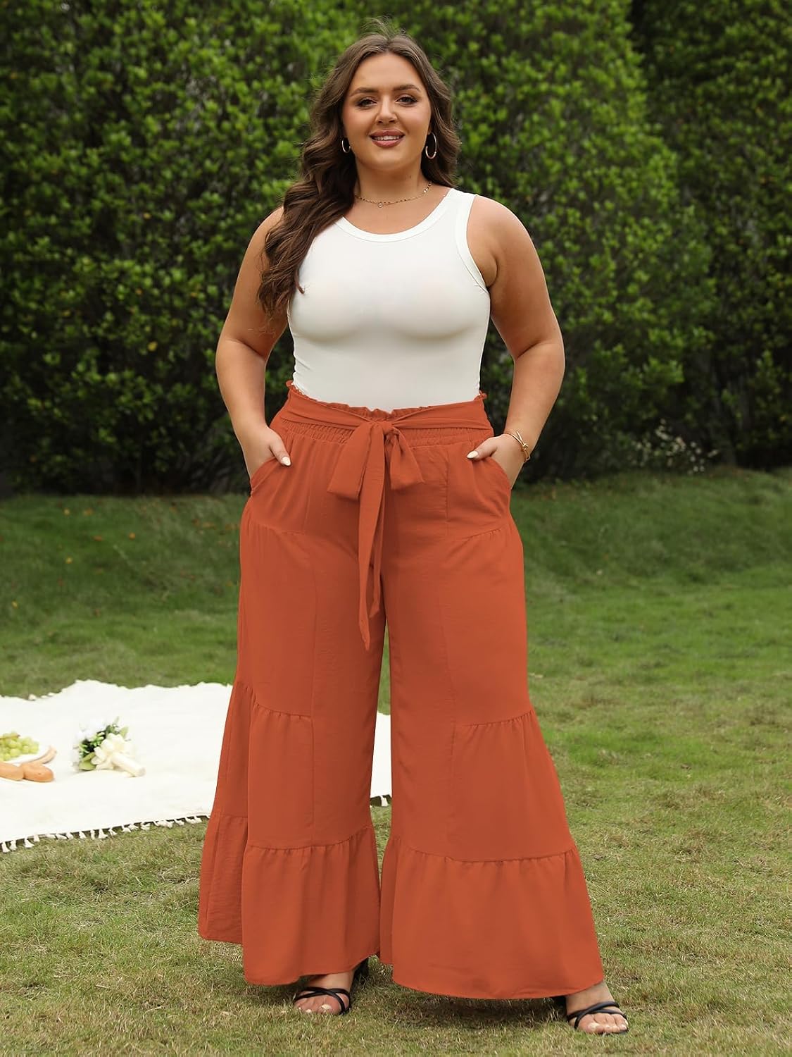 Moon Wood Plus Size Wide Leg Pants Woman High Waisted Palazzo Flowy Pants with Pockets Trendy Casual Summer Pants