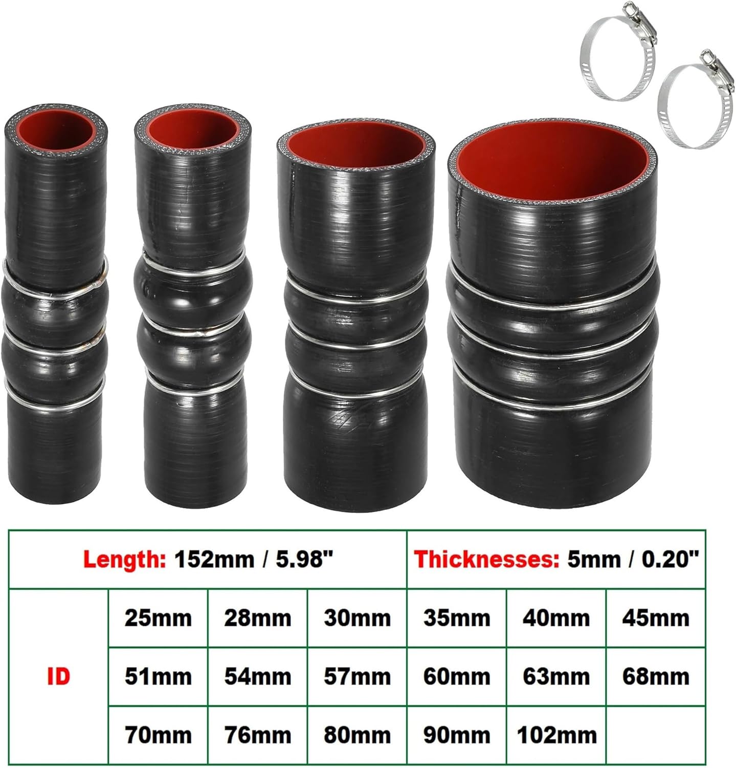 25/28/30/35/40/45/51/54/57/60mm-102mm ID Car Hump Silicone Hose With Clamps Hump Hose/Hose 152mm Length(60mm ID)