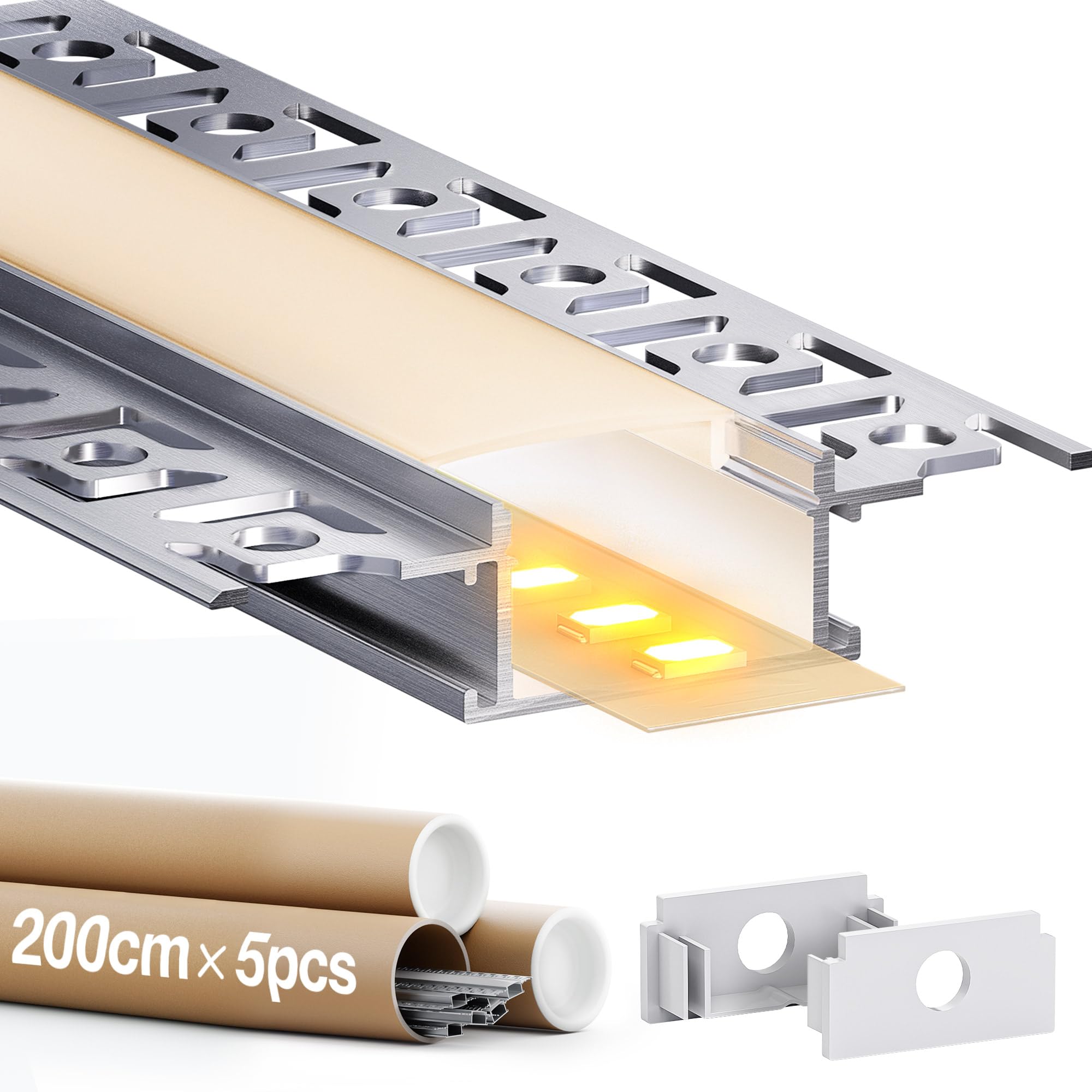Profilo LED Cartongesso 2 m 5 pz, Profilo Alluminio per Strisce led Larghezza Massima 20 mm, Canalina led che Diffonde Uniformemente la Luce (SA01, 2 m 5 pz)