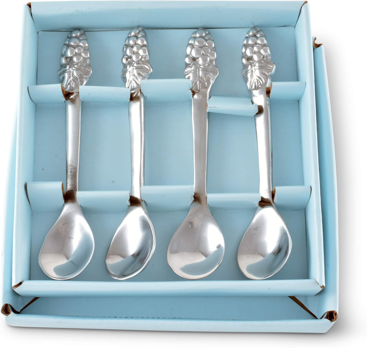Arthur Court Metal Tea Spoons Grapes Sand Casted in Aluminum with Artisan Quality Hand Polished Set of 4 5 inch Long