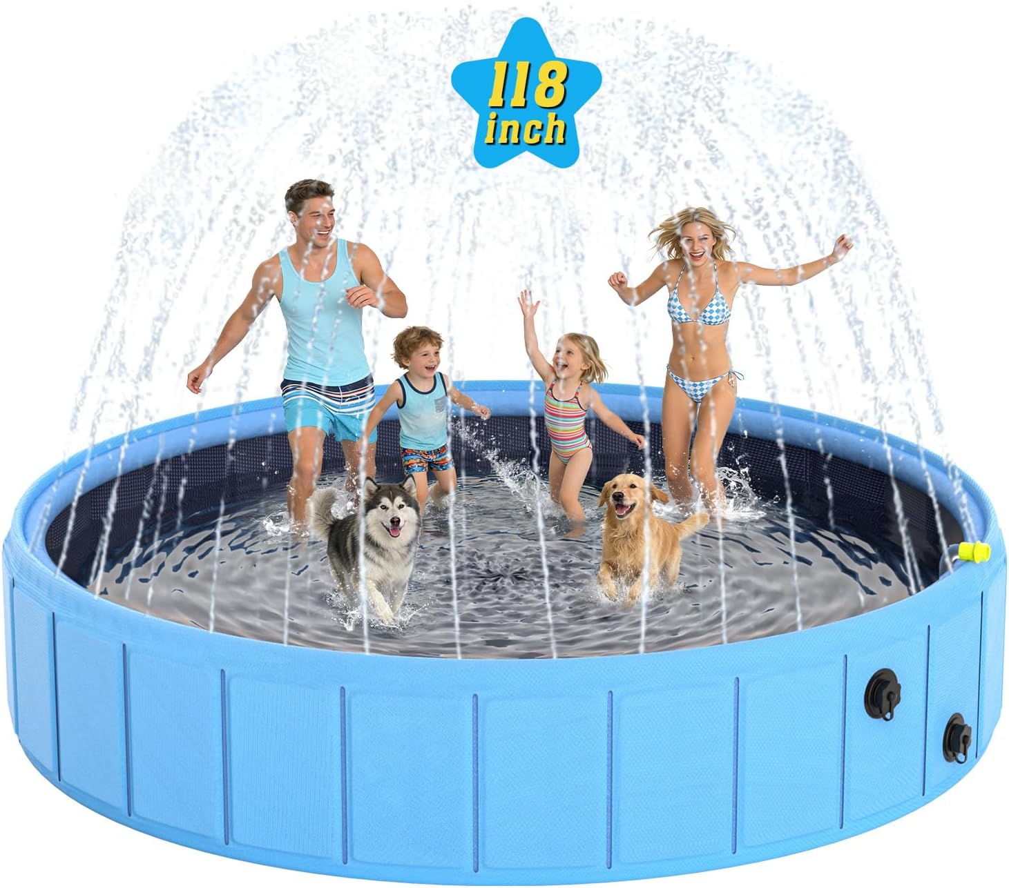Foldable Dog Pool with Sprinkler, 87'' Extra Large Non-Slip Dog Swimming Pool, 2-in-1 Outdoor Backyard Pet Bathing Tub with Drain Plug for Dogs Kids Pets Ducks