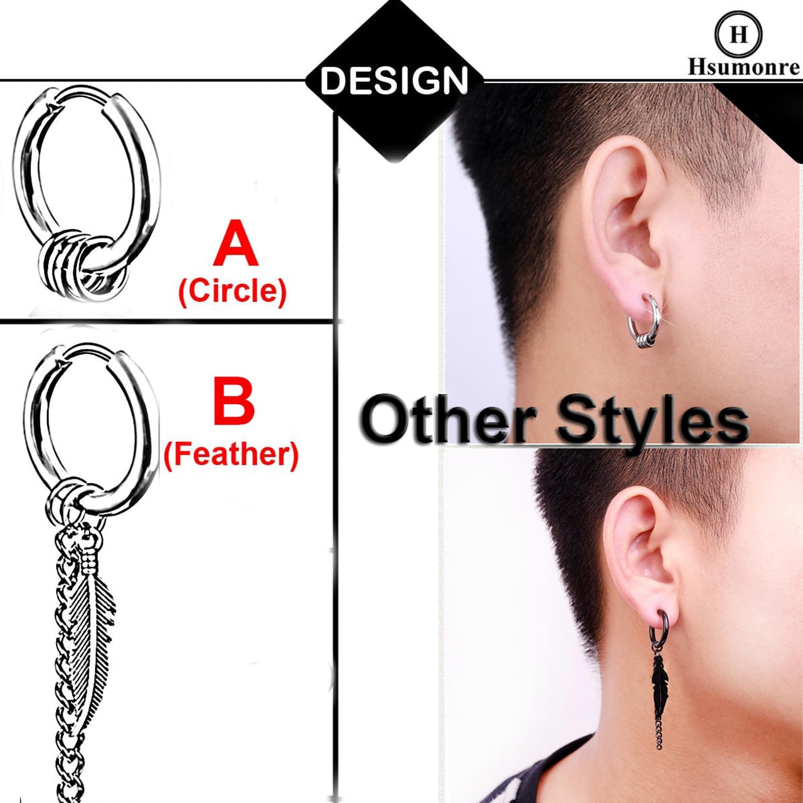 Boucles d’oreilles personnalisables Bar Punk Hoop Unisexe avec plumes Cross Circle Tassels Ear Clips Piercing Earrings Bijoux Acier inoxydable Argent Noir pour Hommes Femmes 12mm Dia