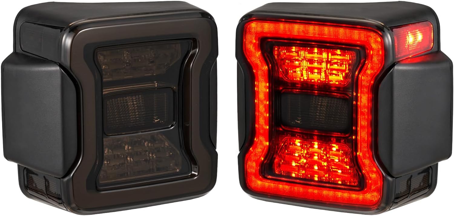 FIERYRED LED JK Tail Lights Compatible with 2007-2017 Jeep Wrangler JK, Smoked Rear Tail Lights for Turn Signal, Running/Brake and Reverse, 2PCS